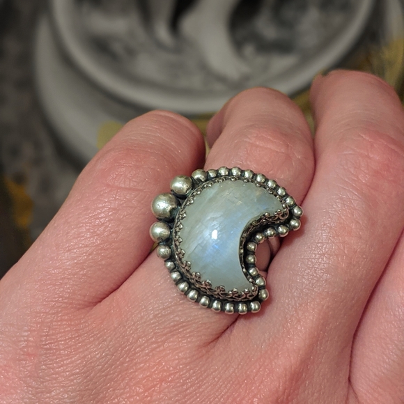 Sterling Silver Moonstone Crescent Moon Ring - Picture 8 of 10